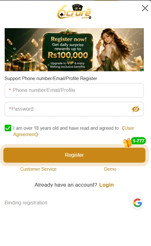 6crore game registration and login